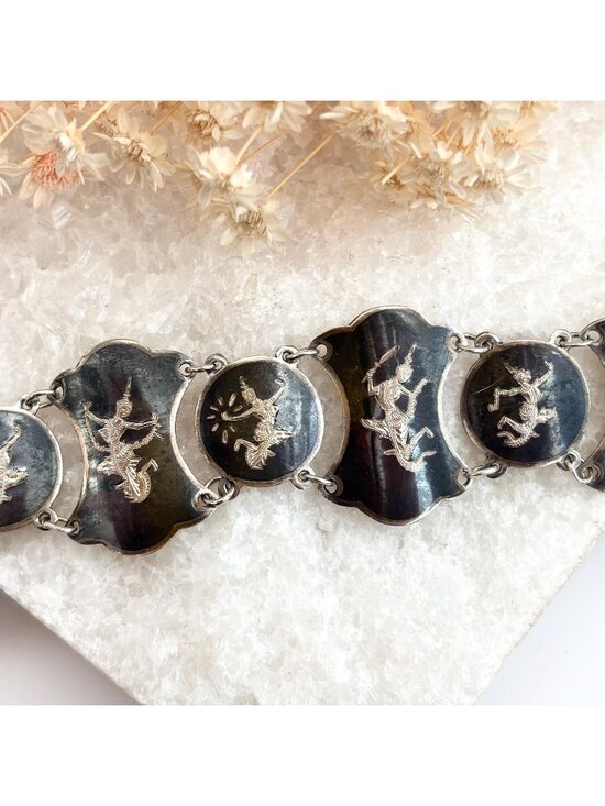 Rare Siam Sterling Silver Chainlink Paneled 30's 925 Vintage Chunky Bracelet - Picture 1 of 15